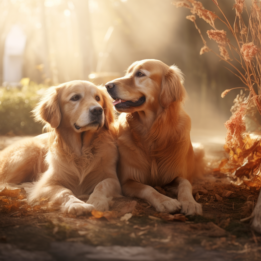 Two Golden Retrievers sharing an affectionate moment