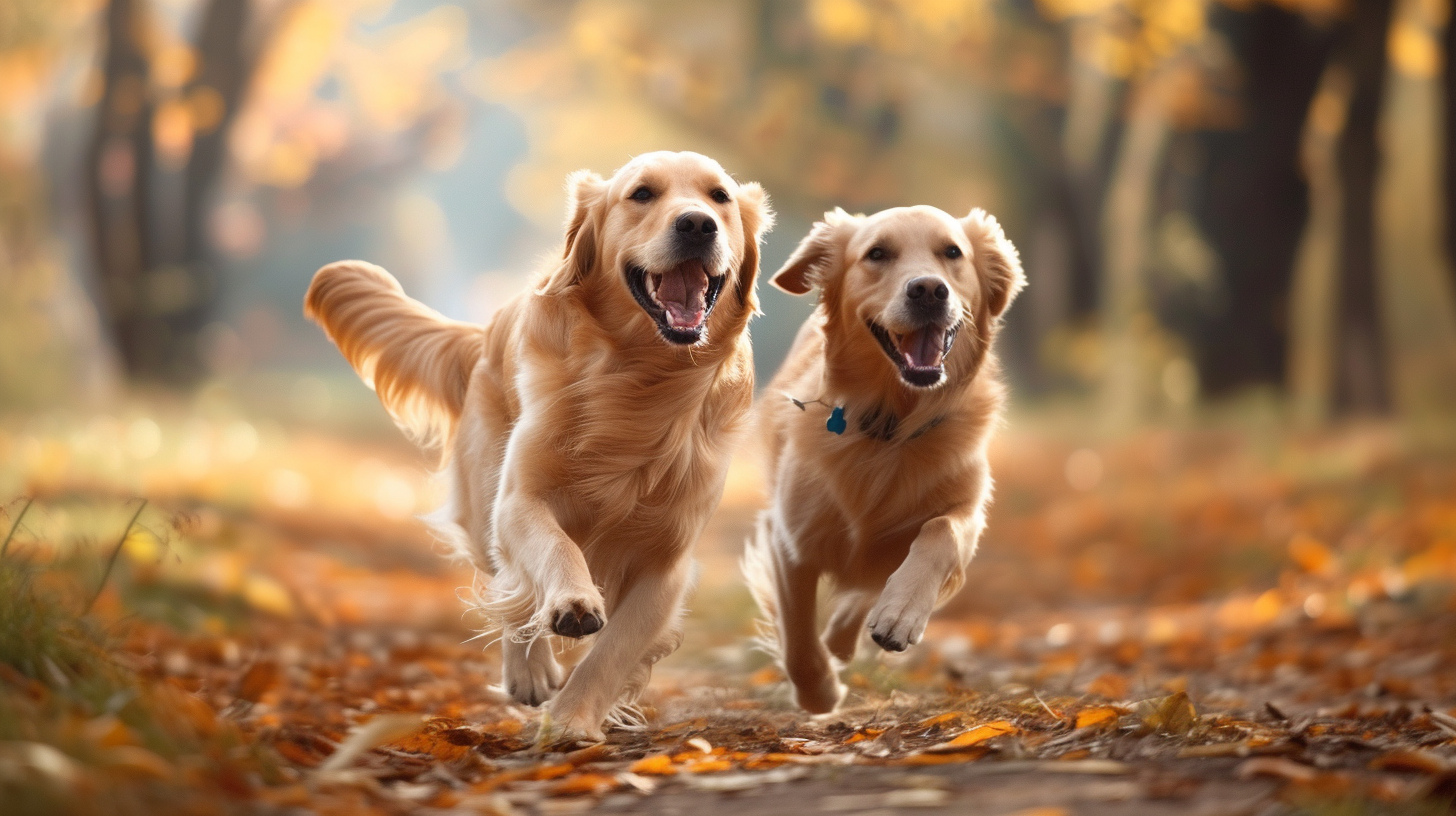 Two Golden Retrievers Running in Park