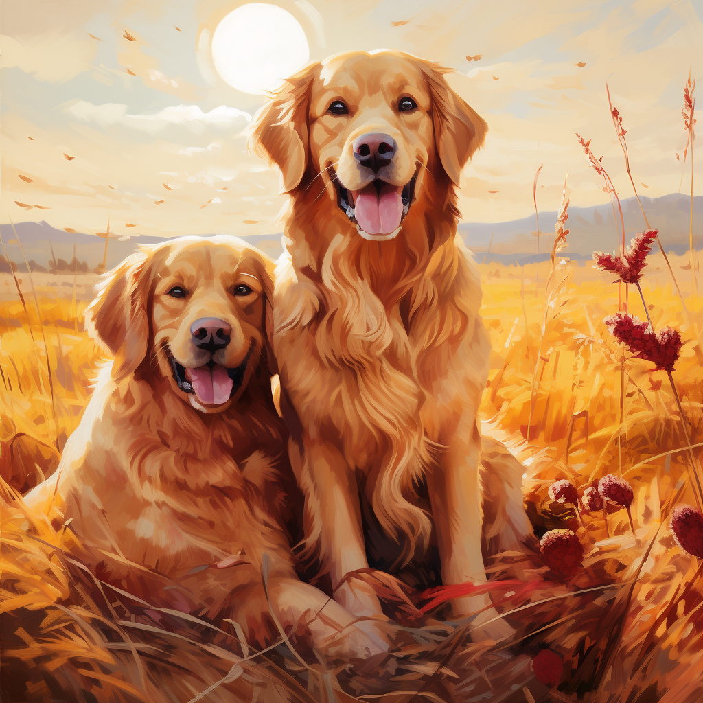 Beautiful golden retrievers in Thanksgiving oil art style