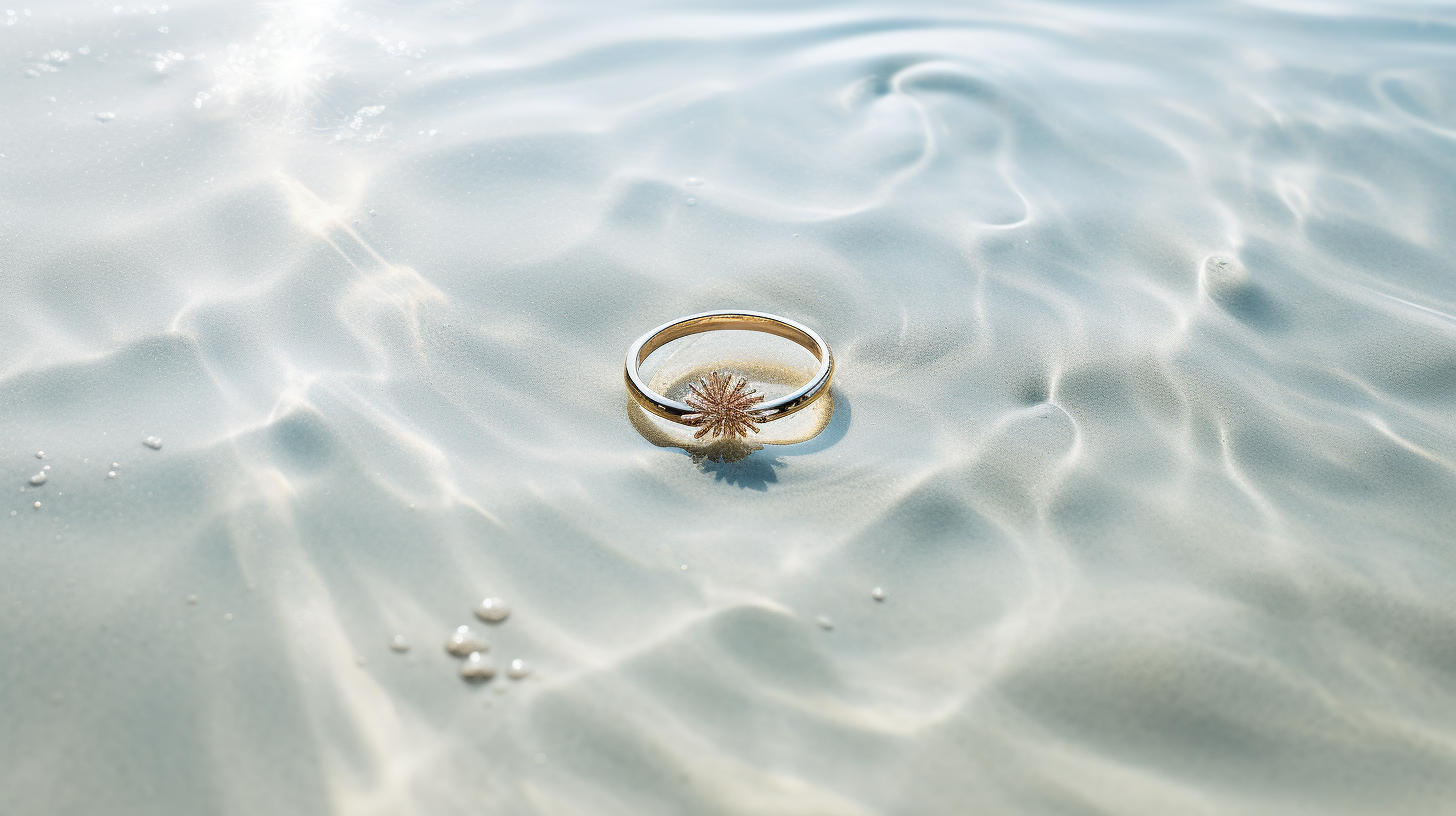 Golden Ring on White Sand and Transparent Water