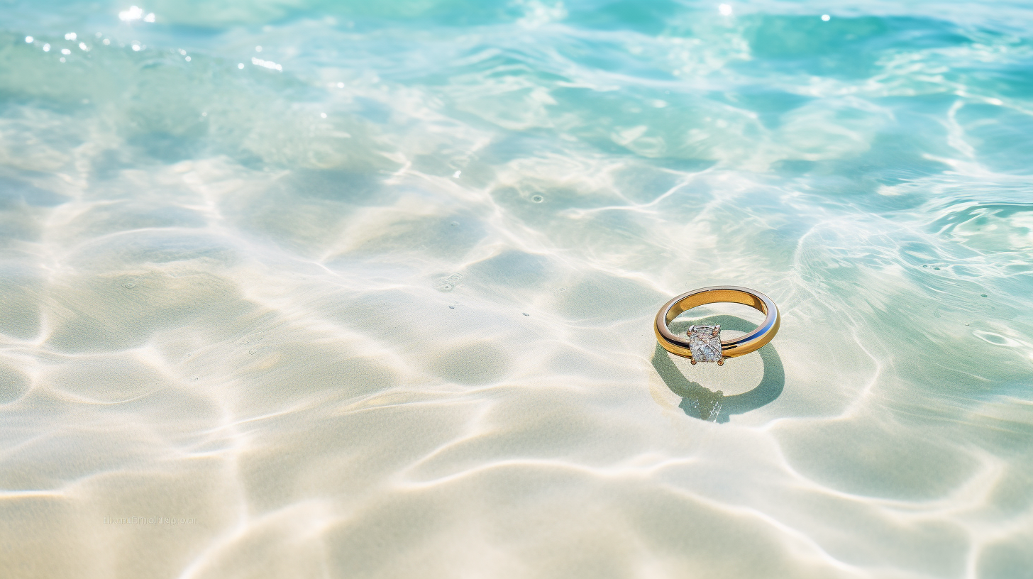 Golden ring on white sand and transparent water