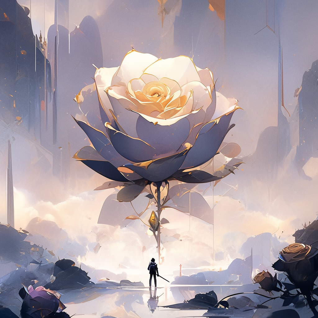 Golden rose with purple leaf in sci-fi abstract