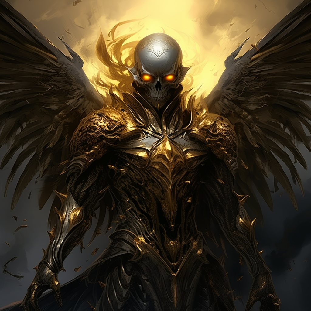 Dark Angel with Golden Skull Head and Black Armor in Underworld