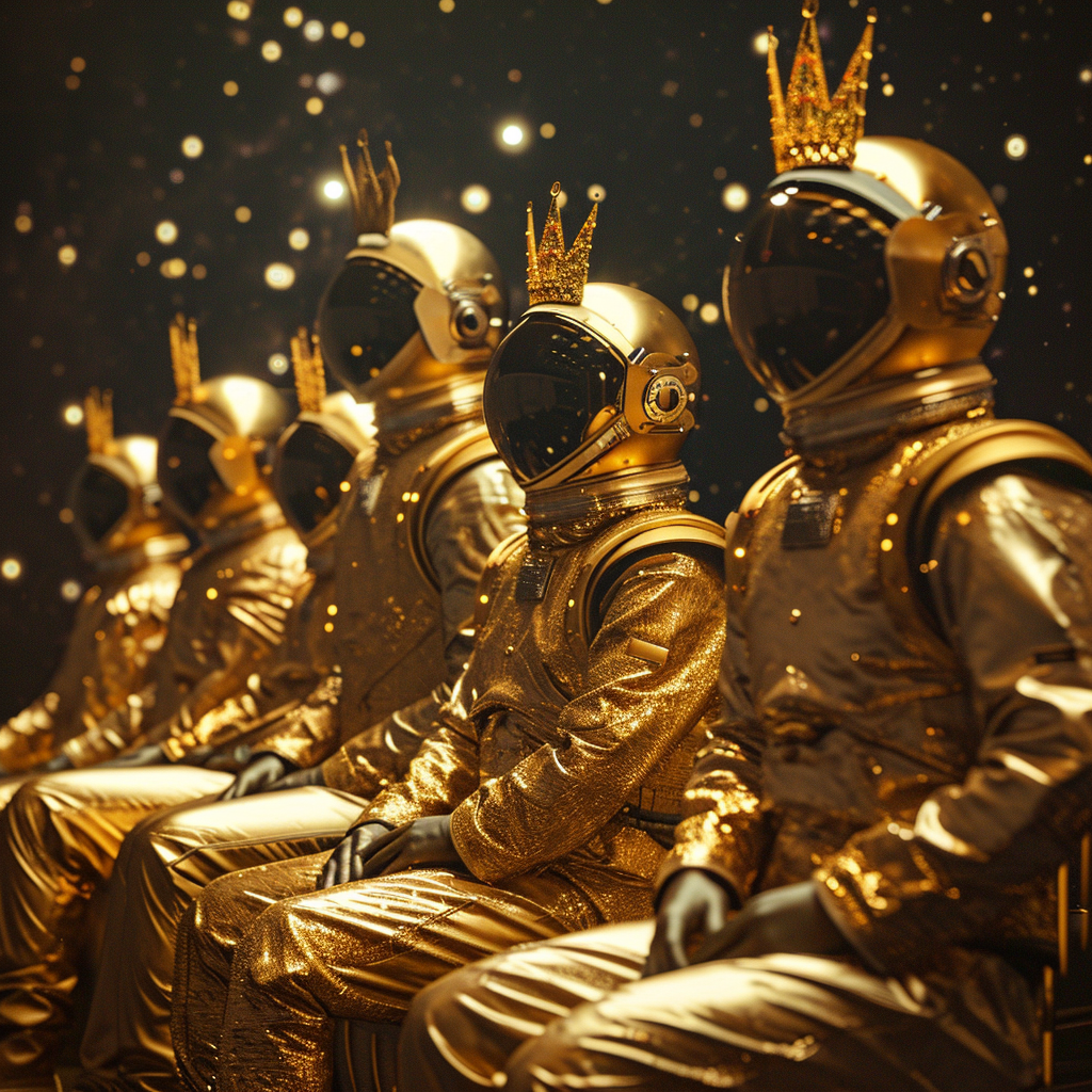 Astronauts on Golden Thrones in Space