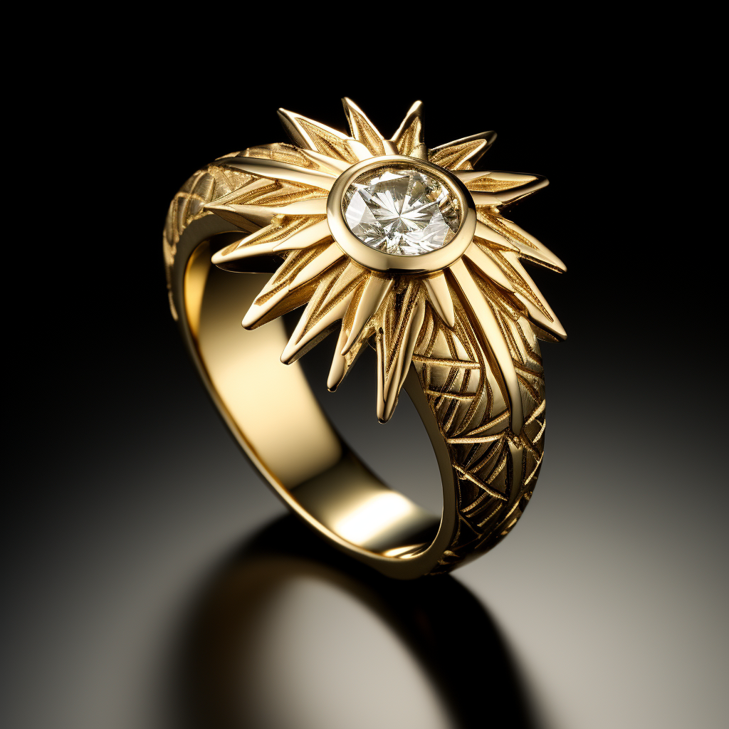 Golden sun ring with stylized rays