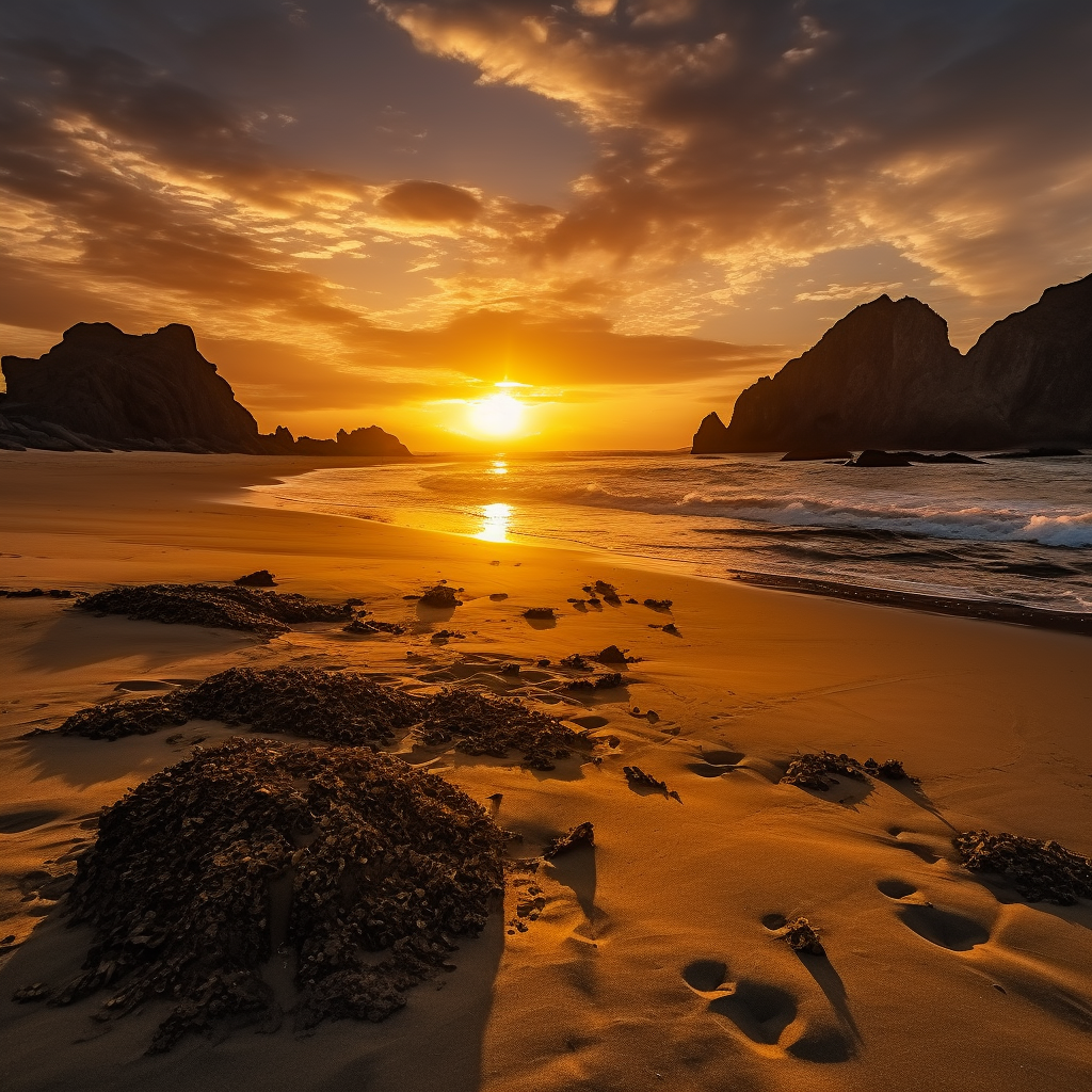 Golden sunset over sandy beach with volcanic rock formations