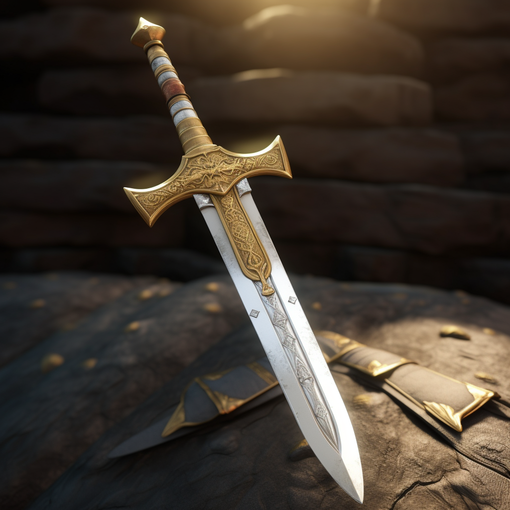 Golden Sword with White Hilt on Medieval Battlefield