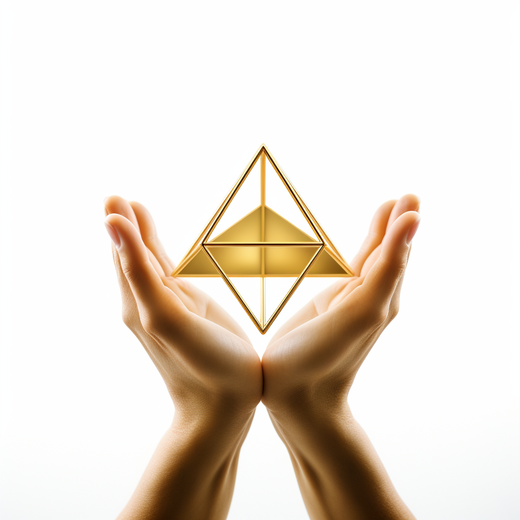 Minimalist golden tetrahedron merkaba shape above palm