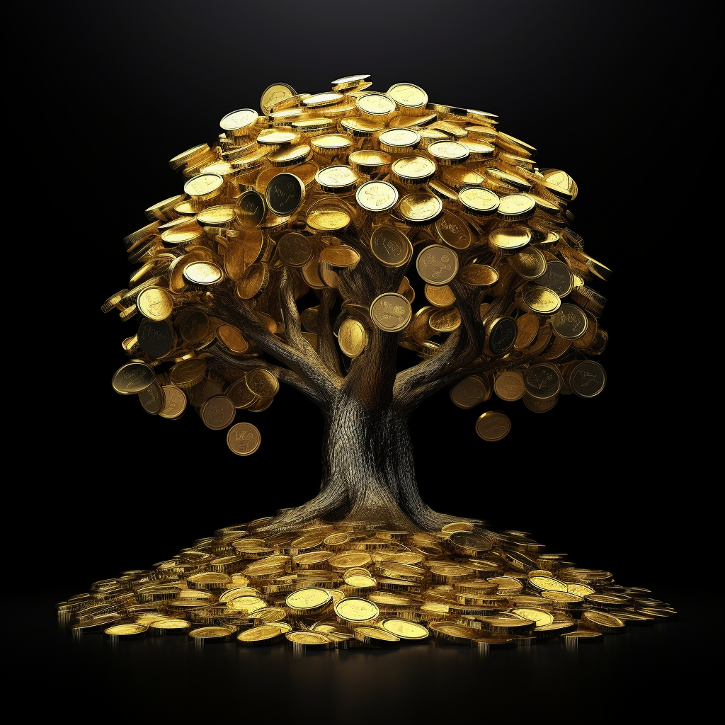 Shiny golden tree with growing coins and gifts