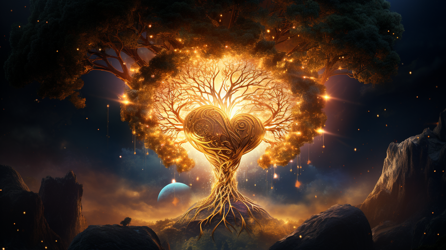 Ancient golden tree shaped like a heart on Earth