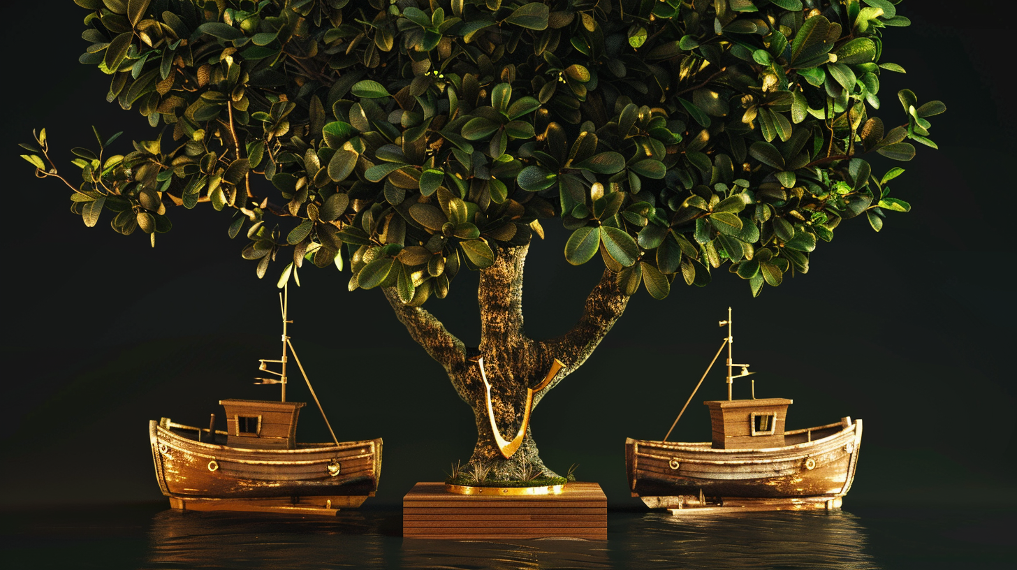 Golden trophy with fishing boats