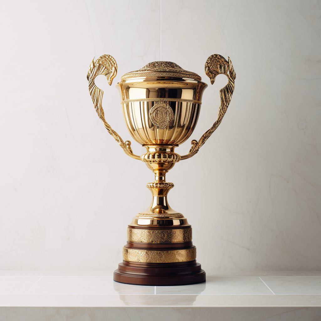 Golden trophy on white table