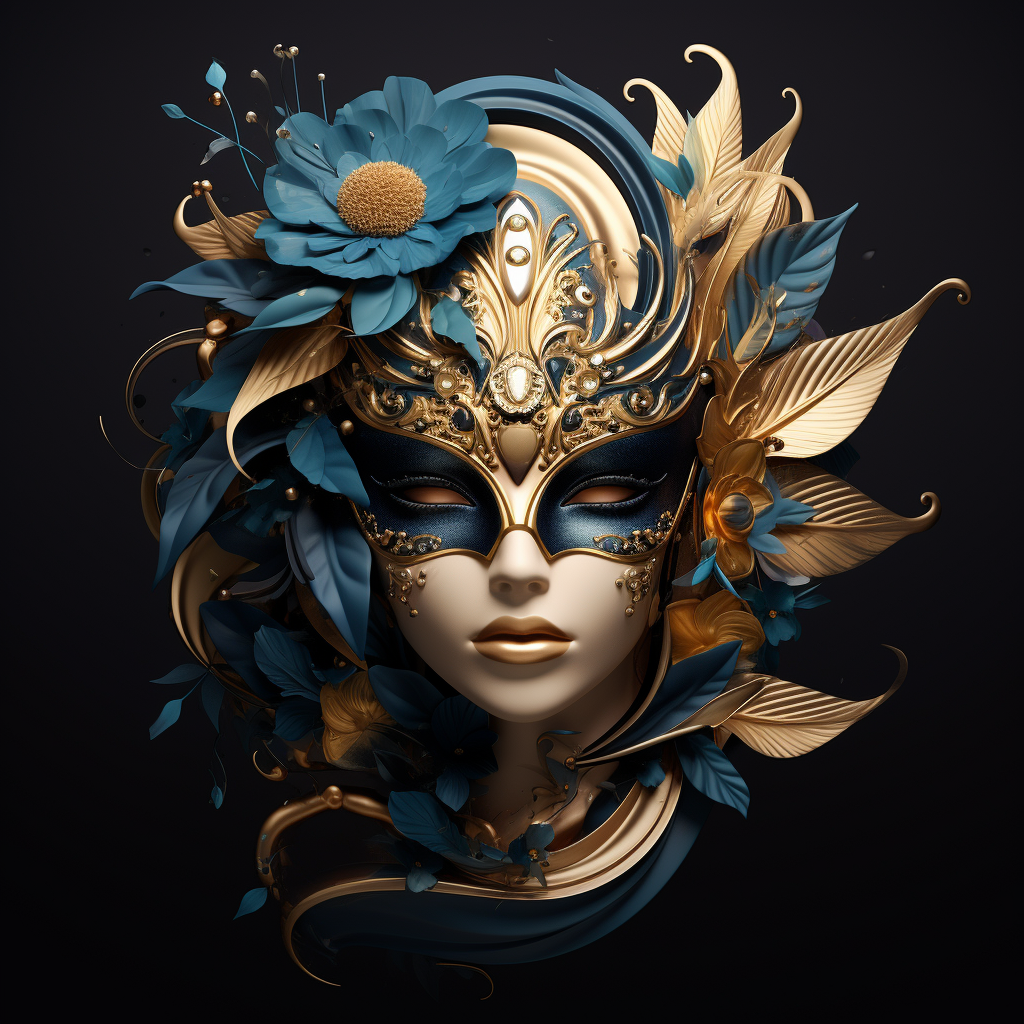 Beautiful golden Venetian mask with feathers and flowers