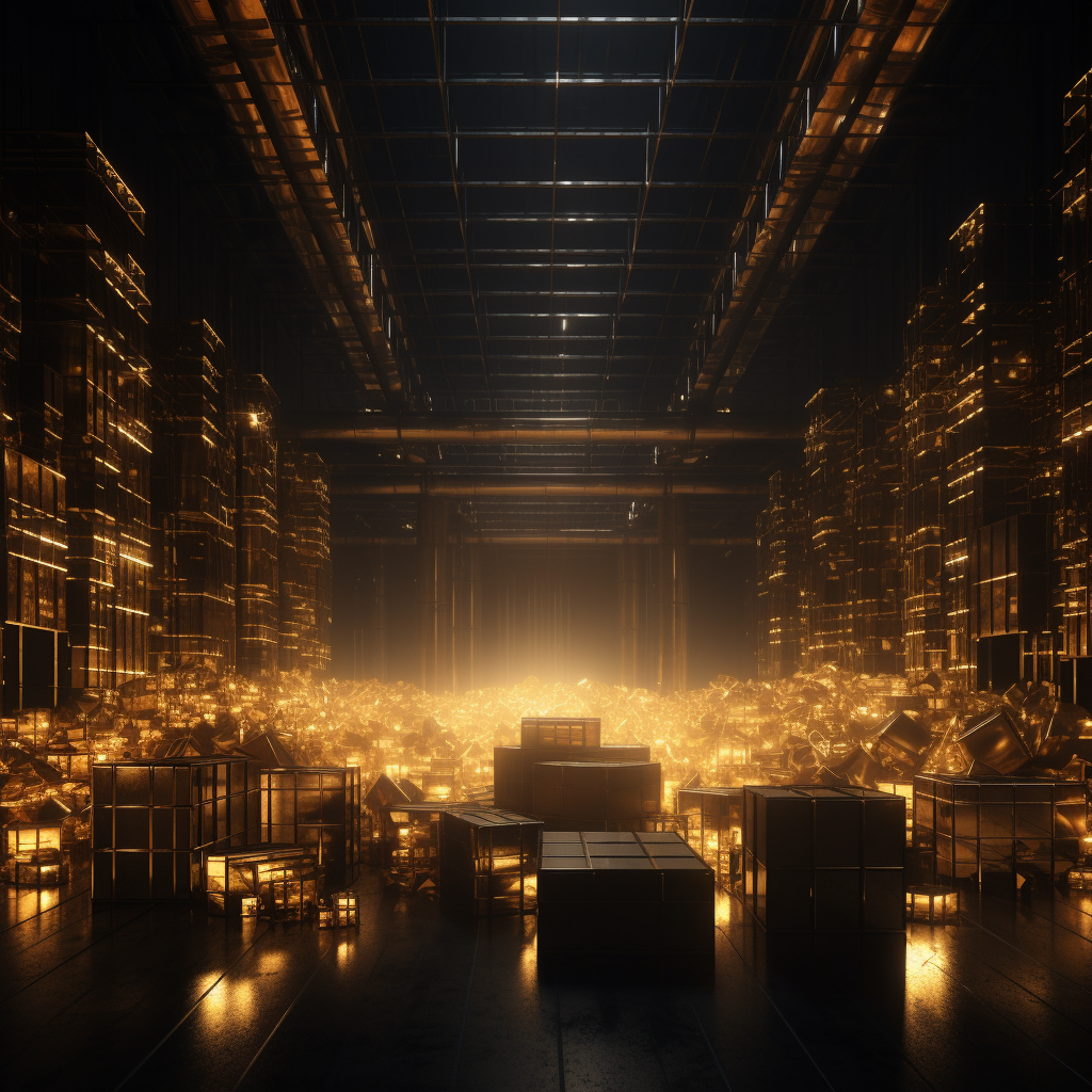 Golden warehouse with boxes and cinematic atmosphere