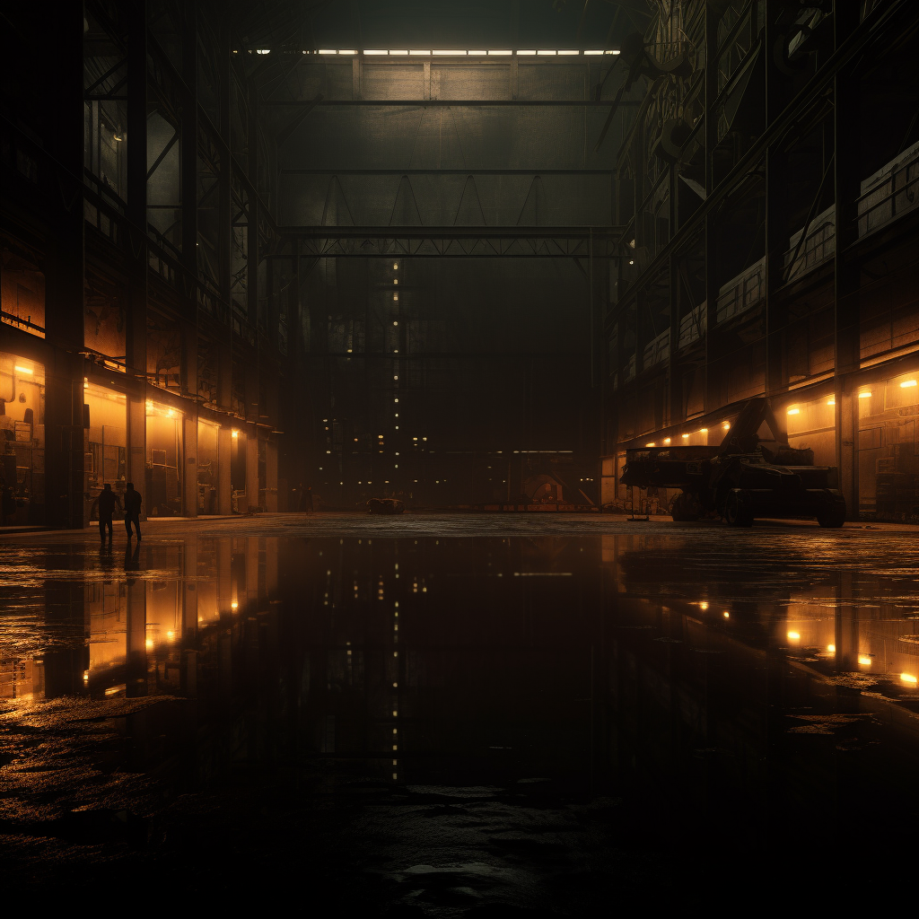 Mesmerizing black atmosphere in golden warehouse cinematics