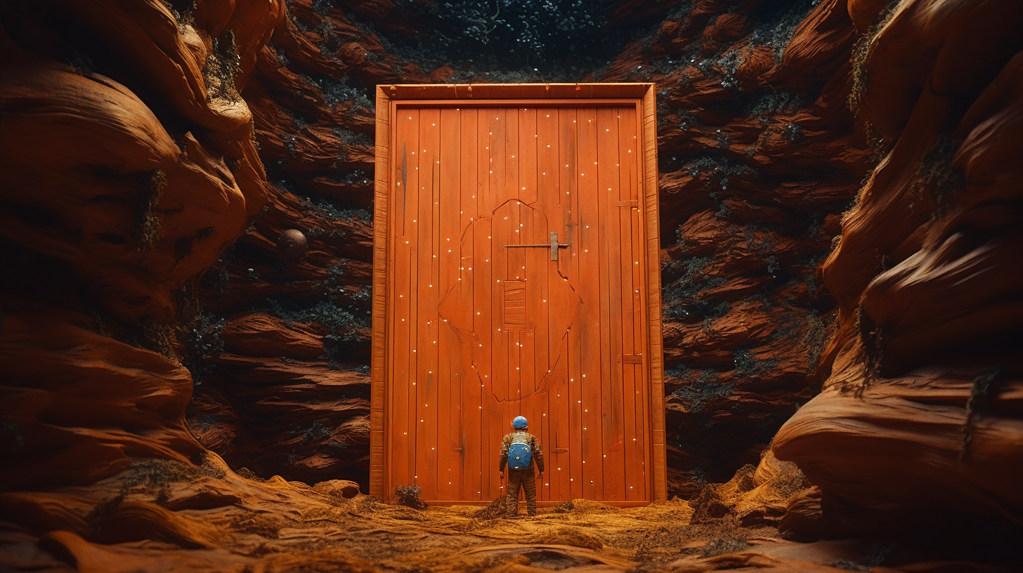 Golden wooden fairytale door surrounded by the universe