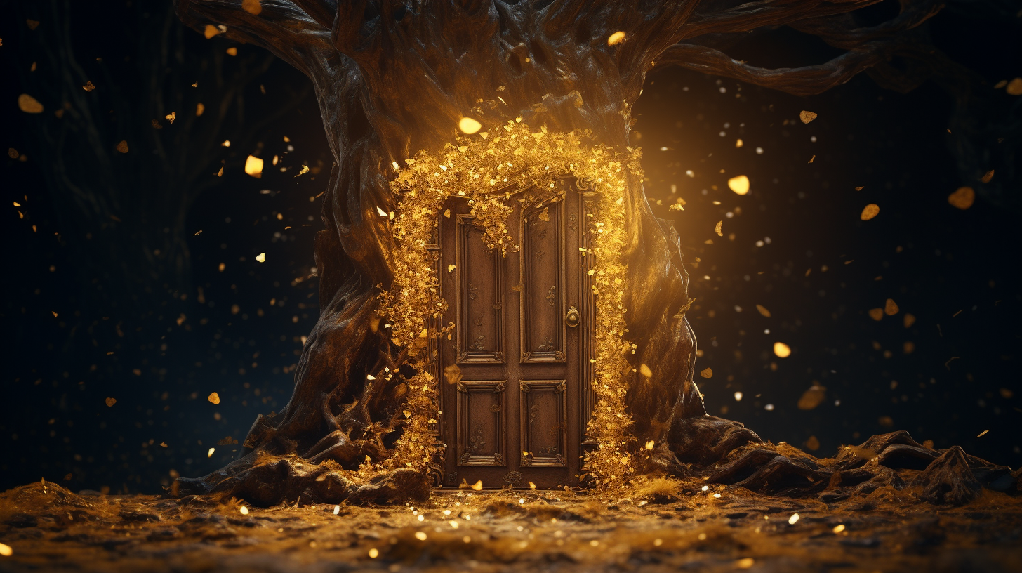 Golden wooden fairytale door in the universe