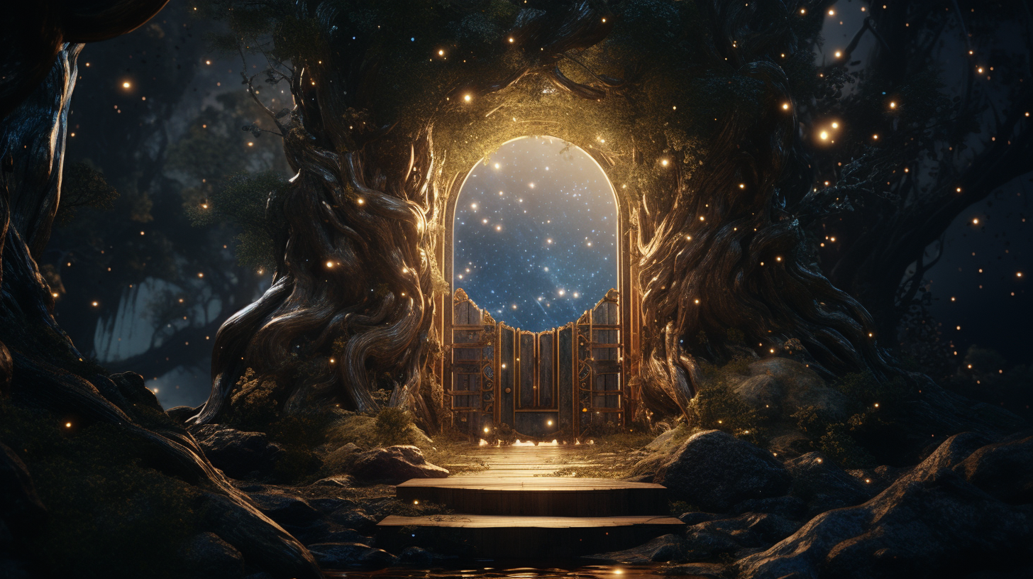 Golden wooden fairytale door in infinite universe