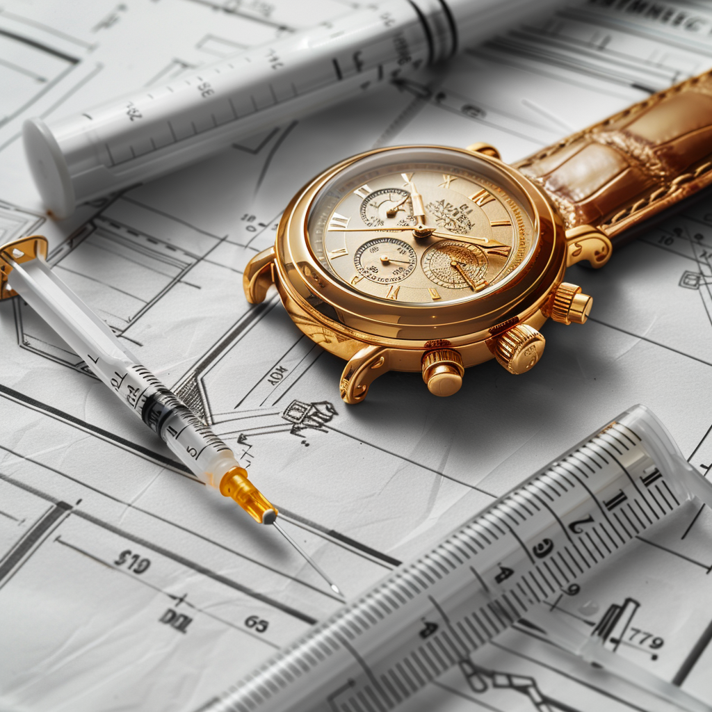 golden wrist watch with hypodermic needle under clock face