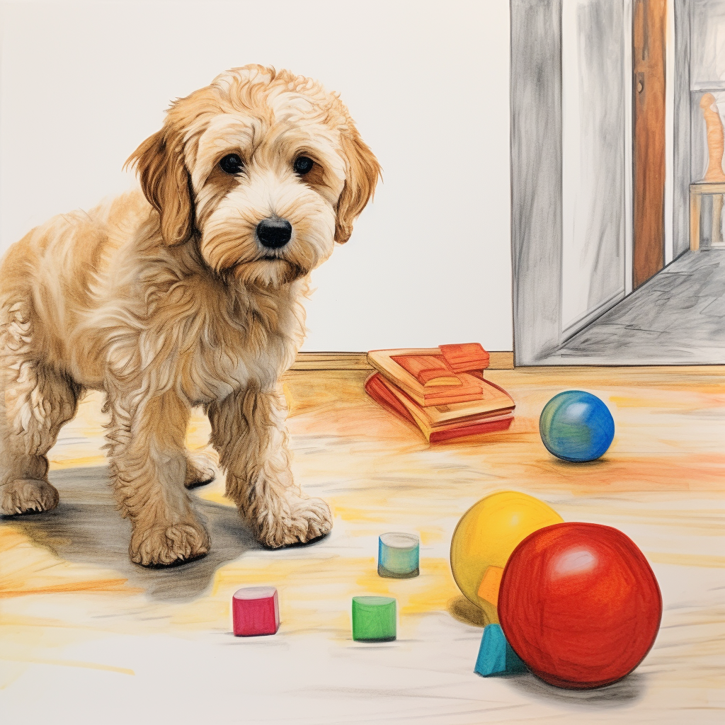 3-year-old golden doodle playing with toy