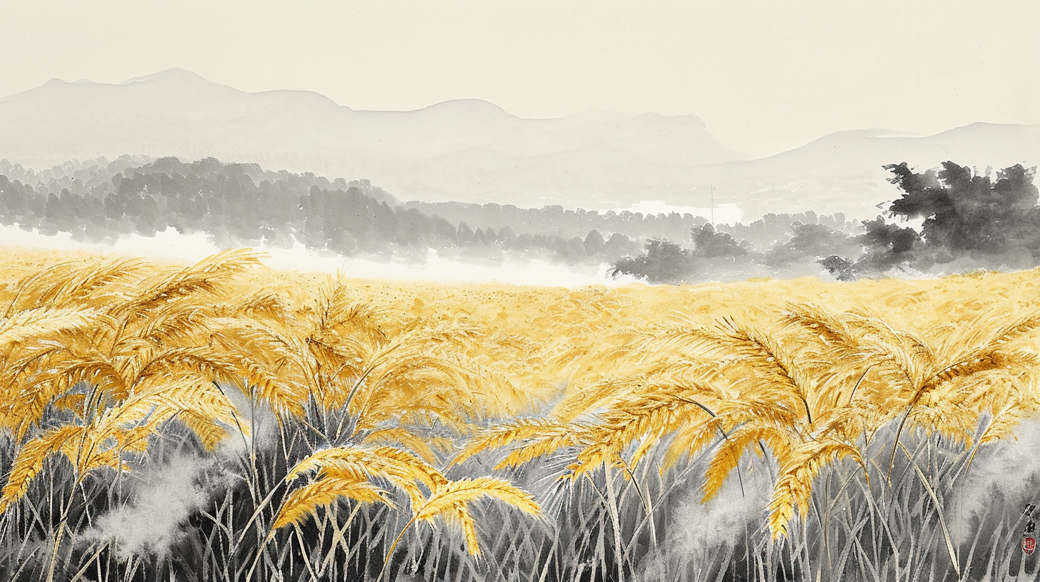 Chinese ink painting of golden wheat fields