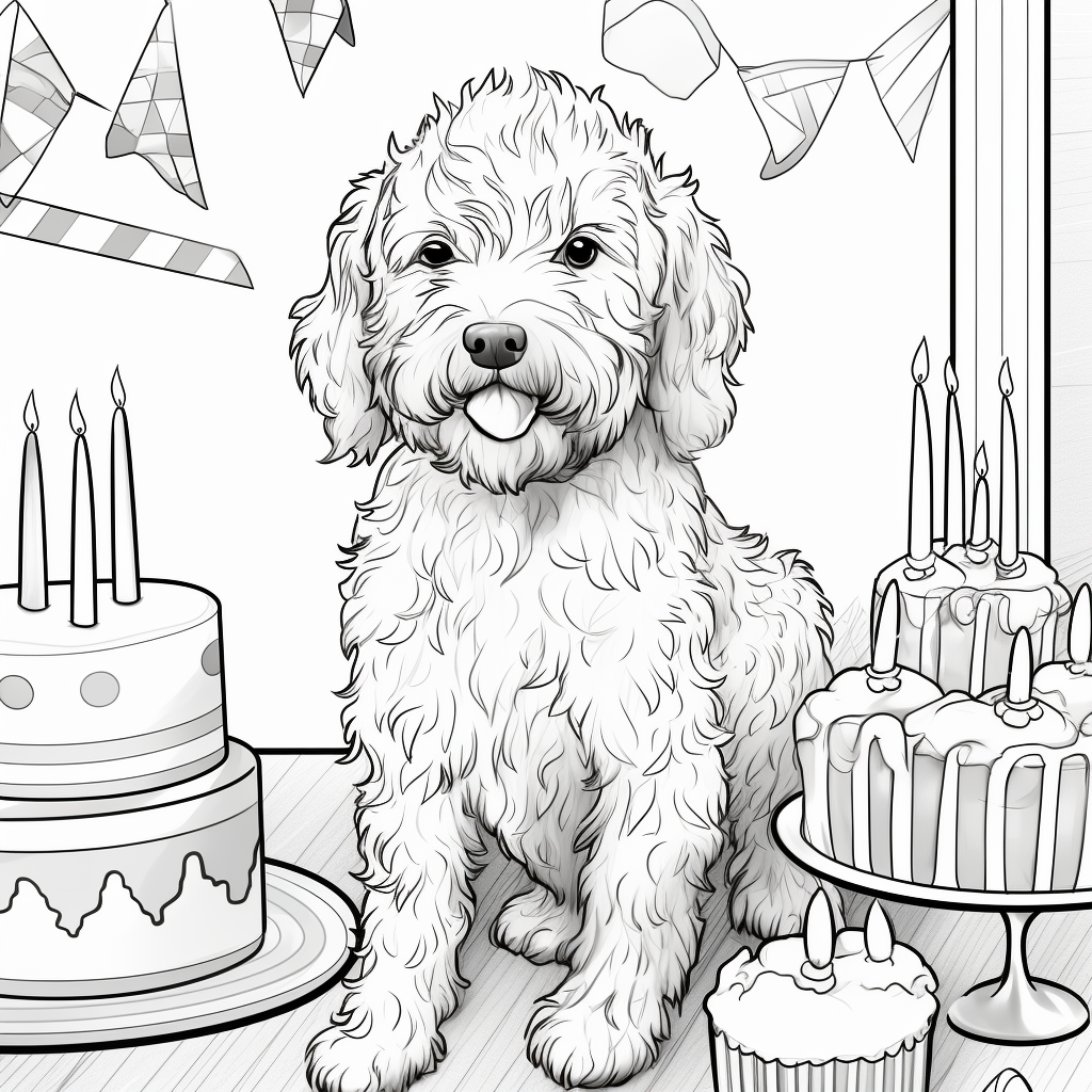 Goldendoodle birthday coloring page for kids