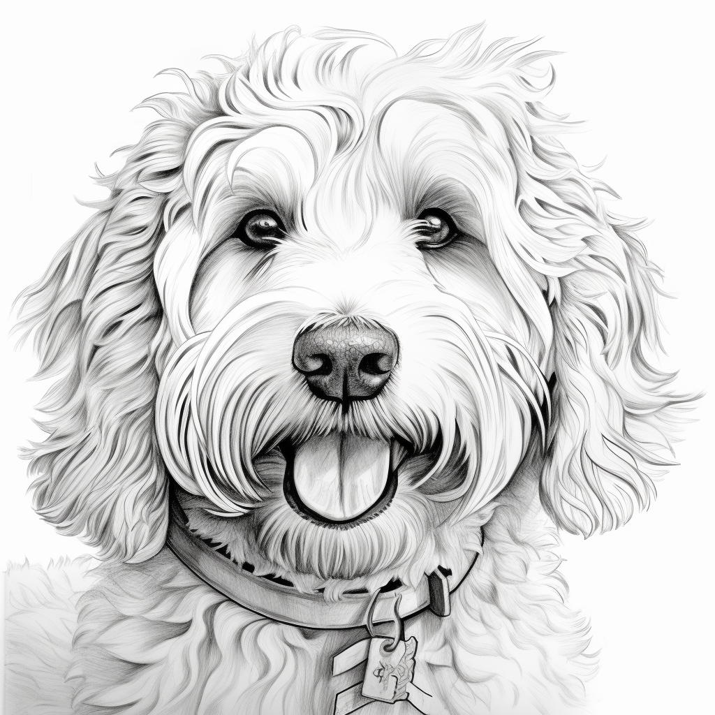 Black and white coloring page of a goldendoodle on Christmas Day