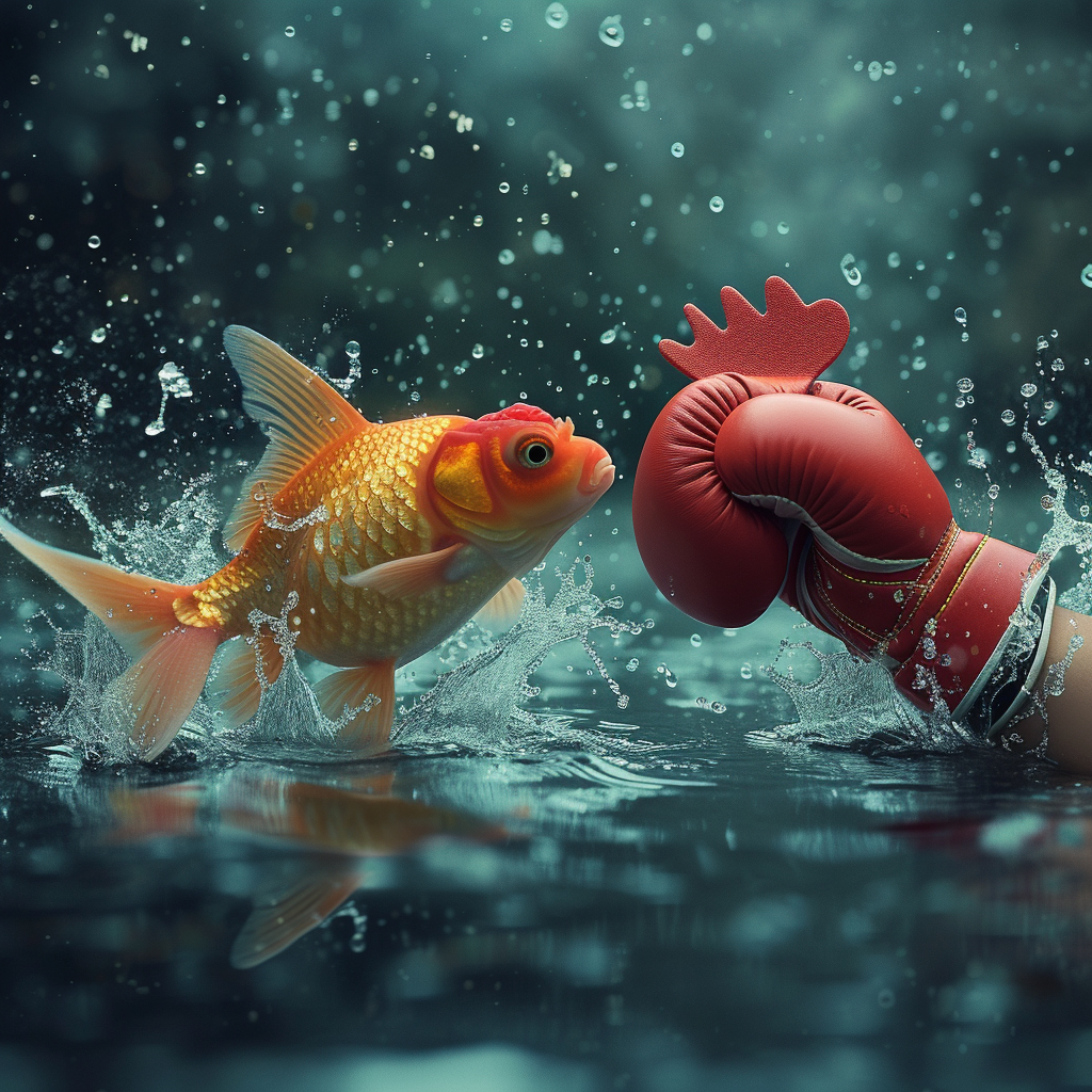 Goldfish shark boxing against chicken with gloves