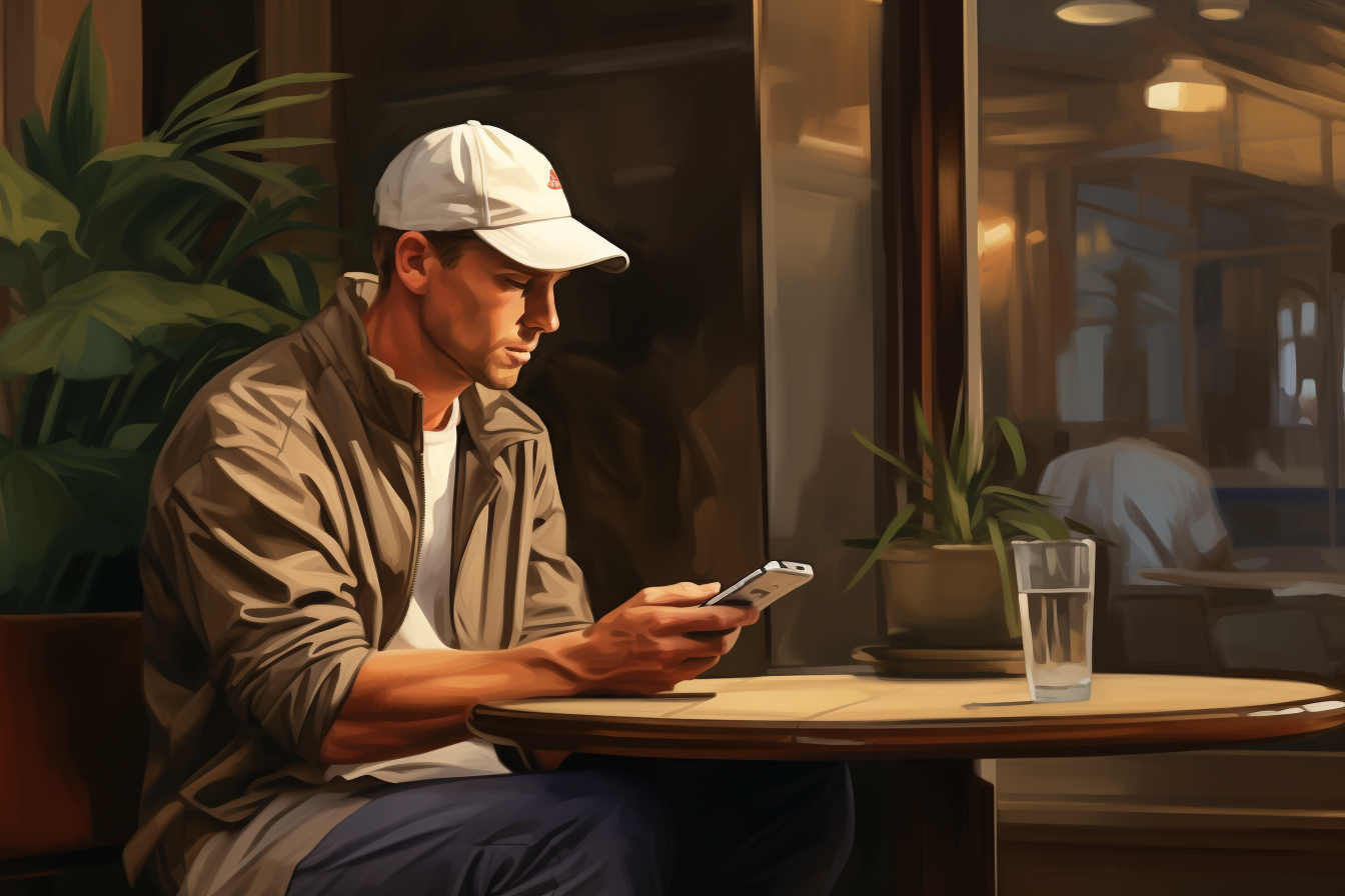 Golf player with mobile phone at cafe