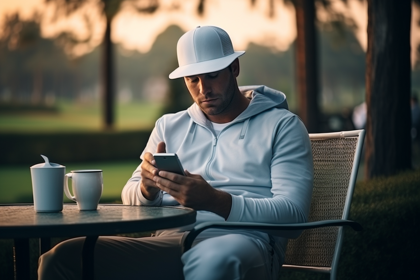 Golfer sitting in cafe using mobile