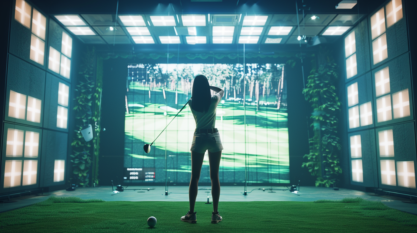 Female golfer in front of simulator