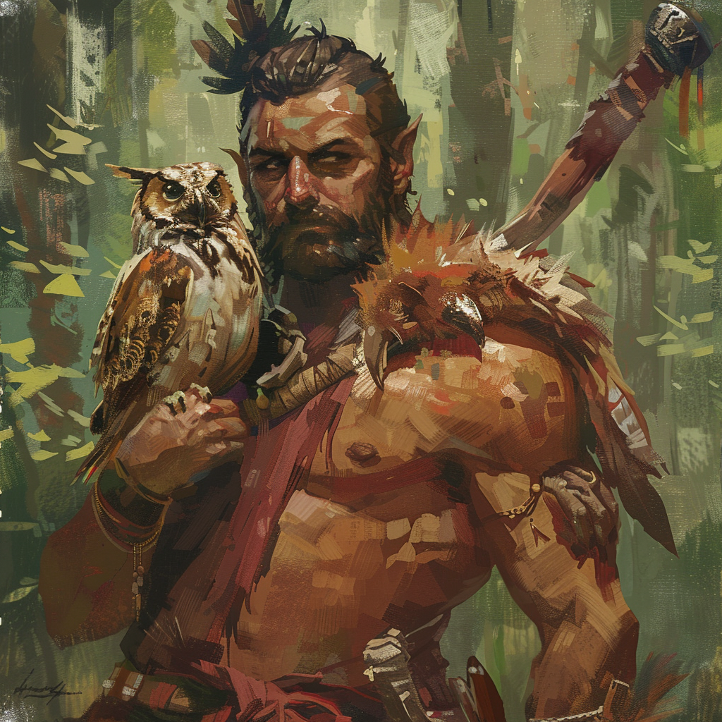 Goliath hunter with baby owl in forest