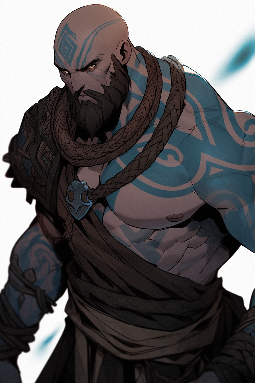 Muscular Goliath barbarian with striking tattoos