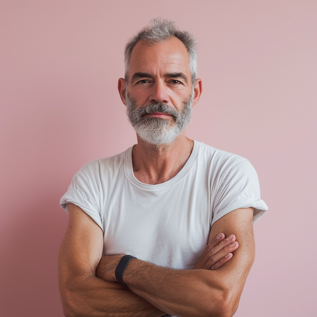 Attractive middle-aged man on pastel background