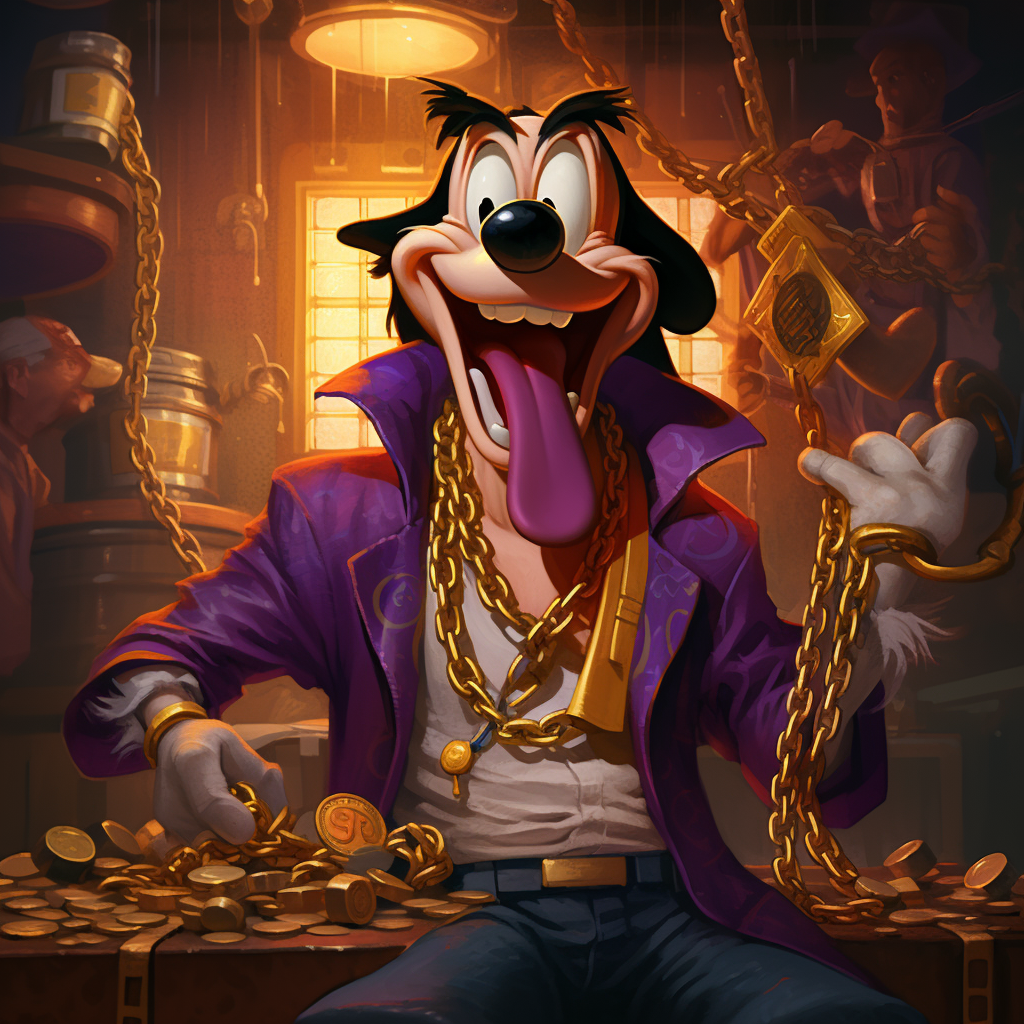 Goofy from Disney with cash and drink