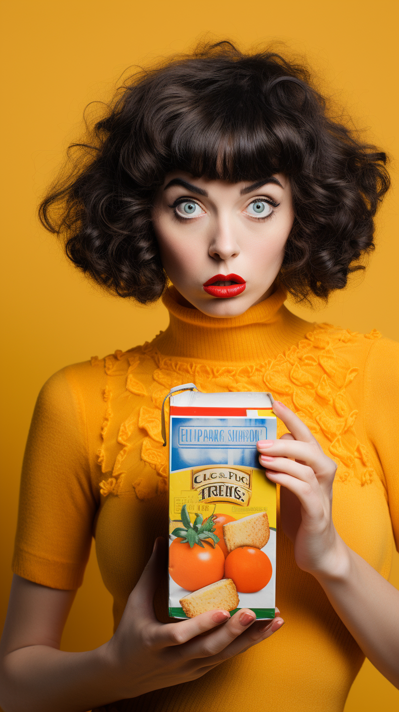 Woman with Bewildered Eyes and Orange Juice Carton