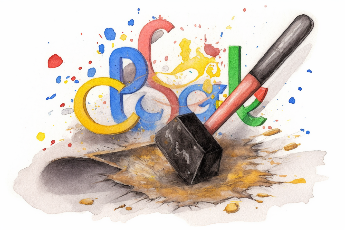 Illustration of a gavel smashing the Google logo