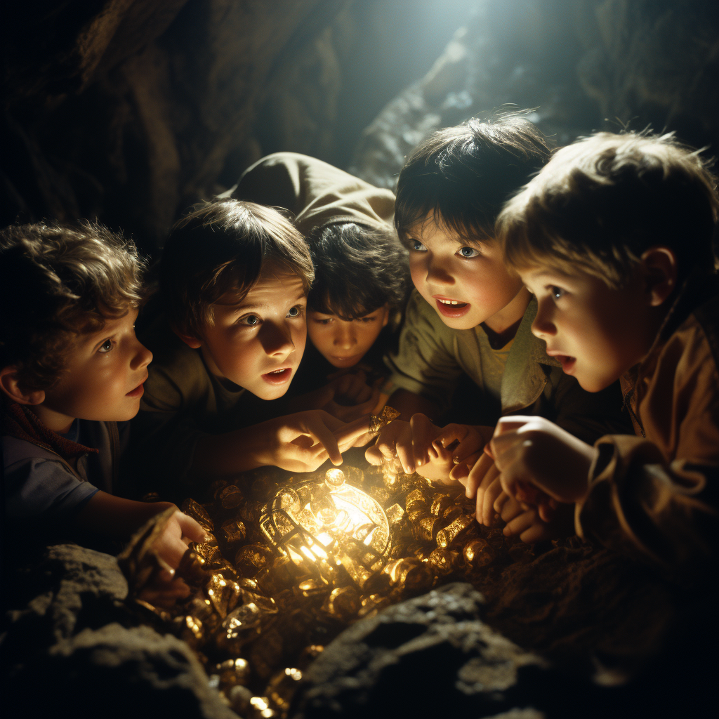 Kids finding a hidden treasure in a cave