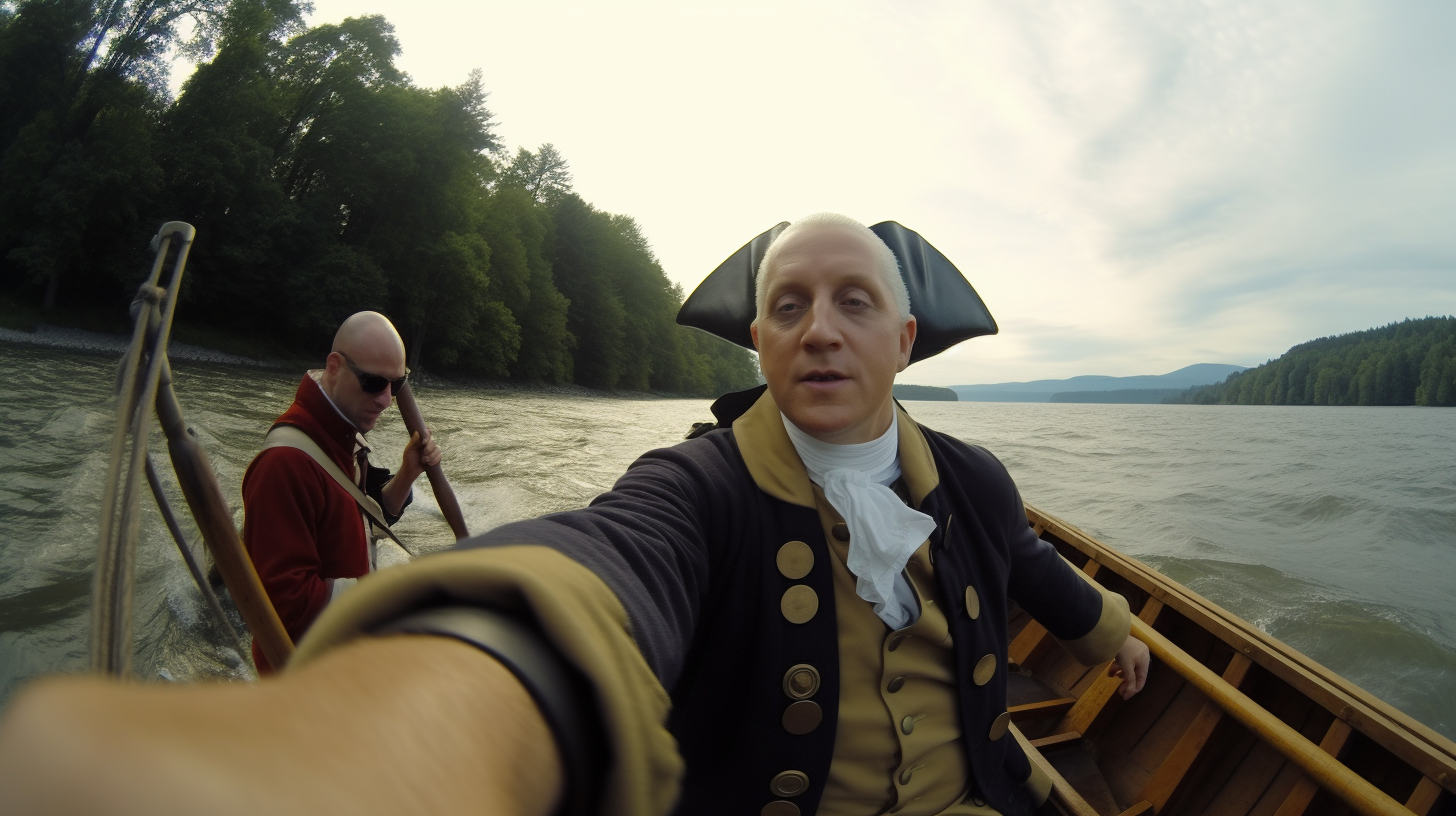 George Washington crossing the Rubicon river in a boat