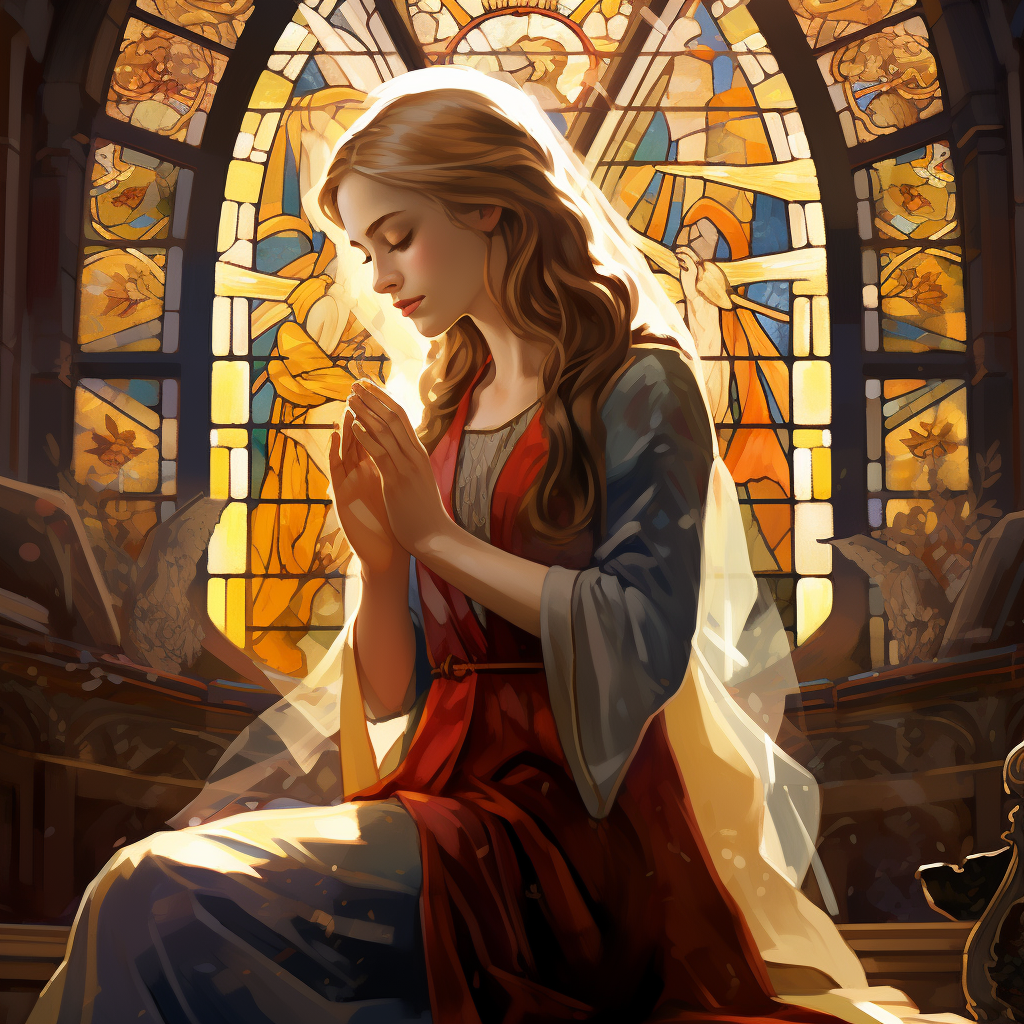 Woman praying in cathedral illustration