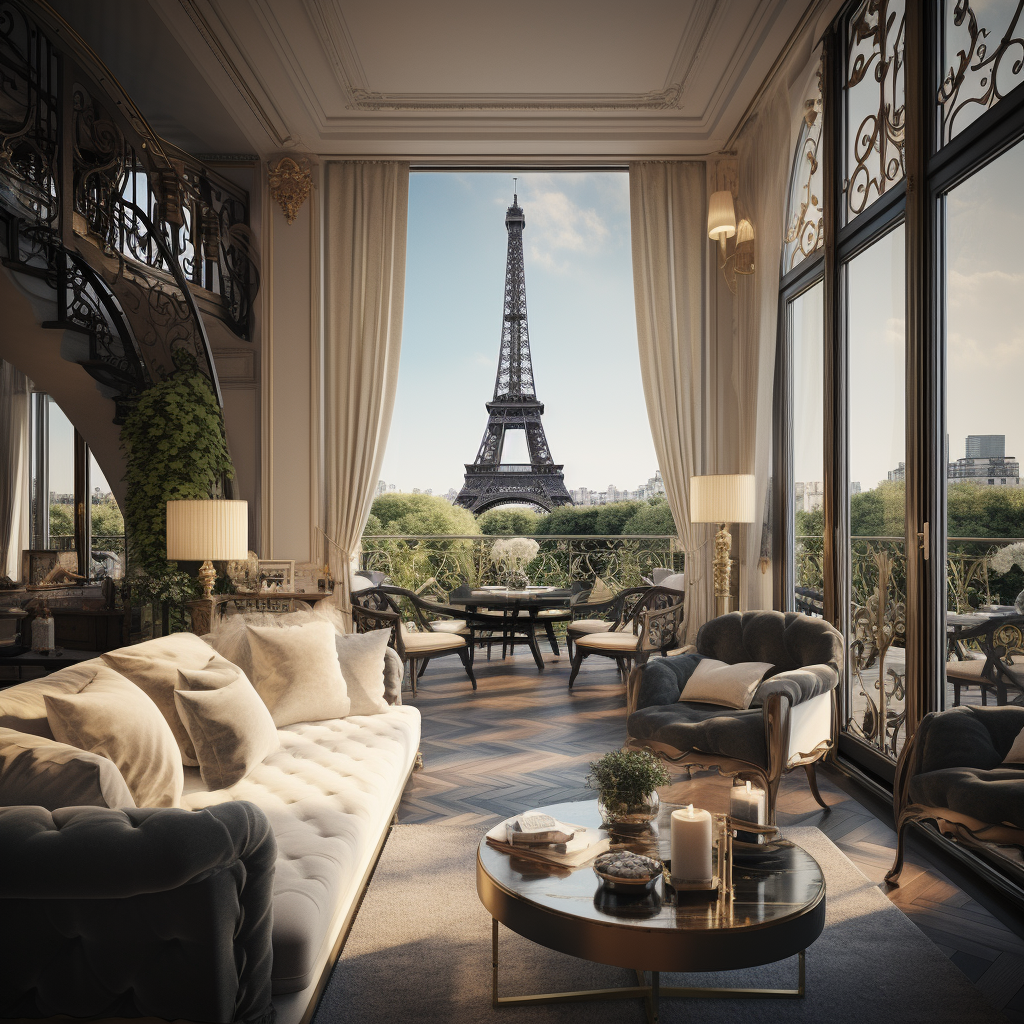 Beautiful living room in Paris with balcony