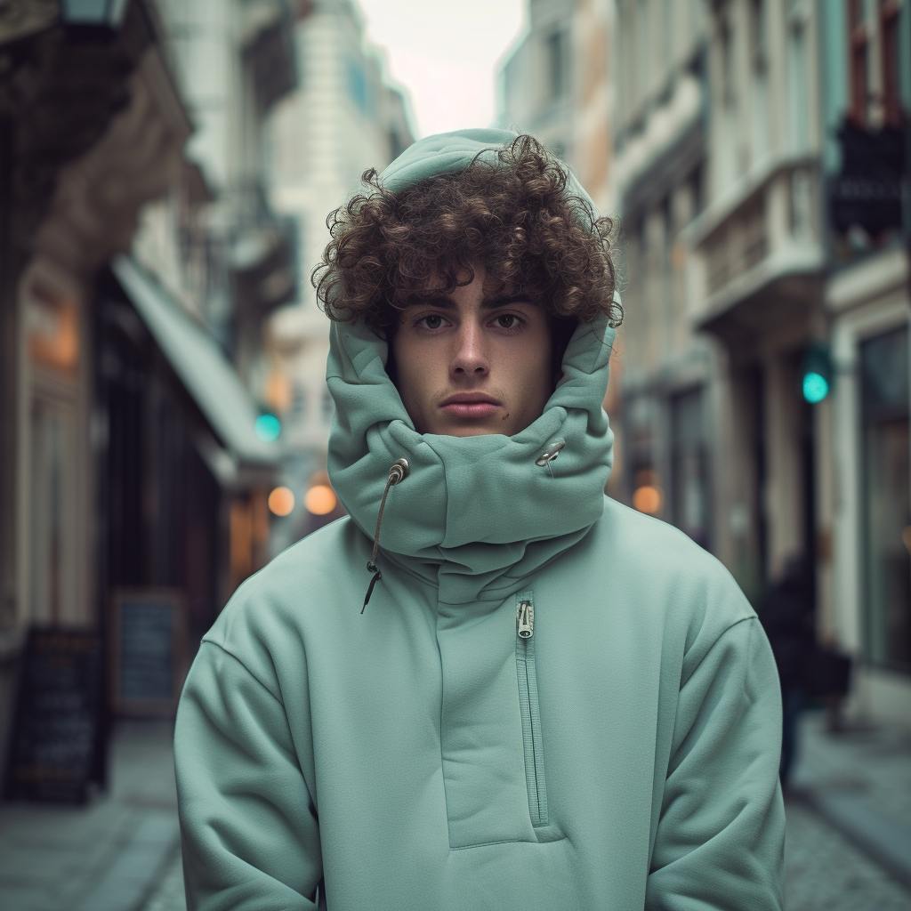 Gorgeous Man in Mint Sweat with Curly Hair