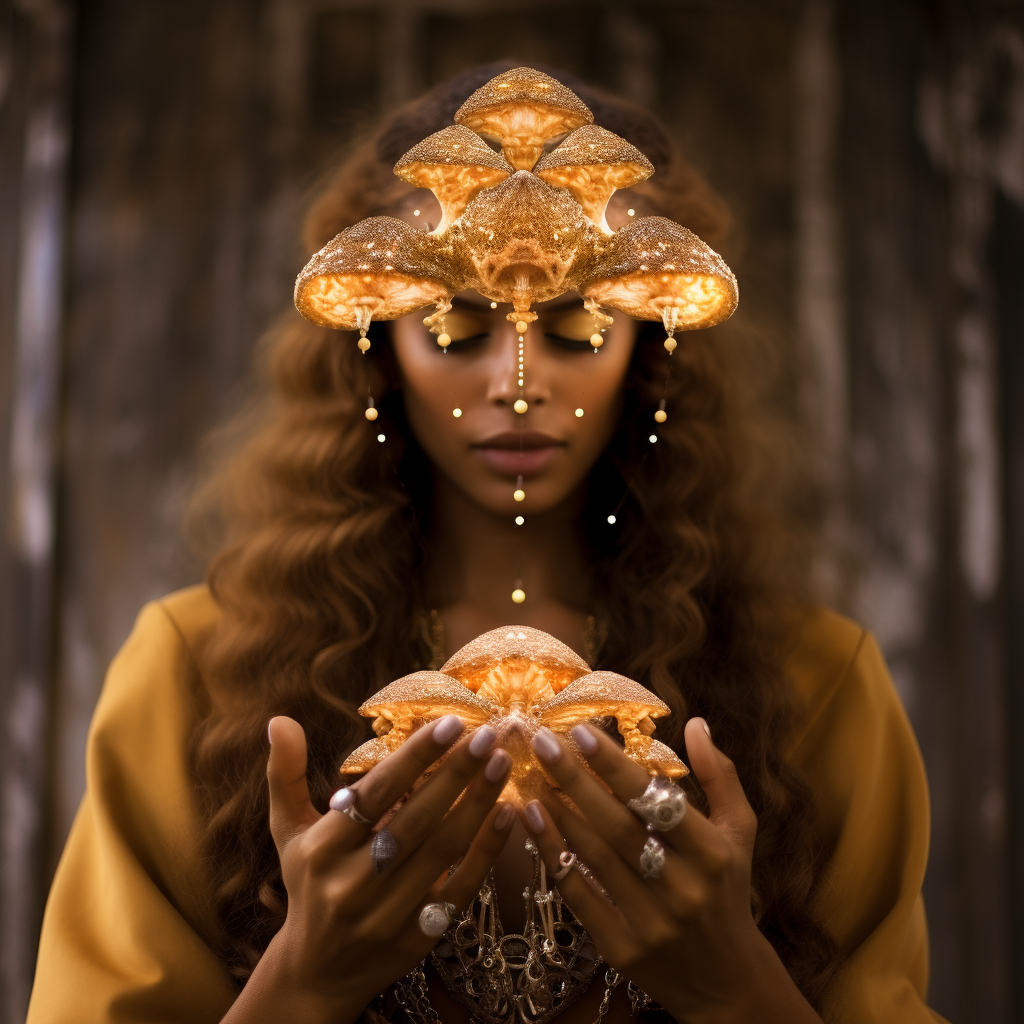 Beautiful Mushroom Priestess with Hand Mudras