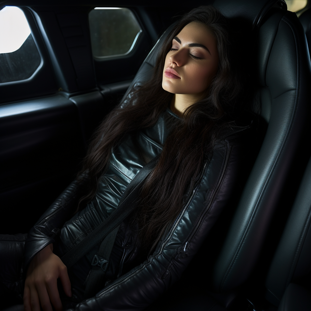 Adult Romulan woman asleep in car seat