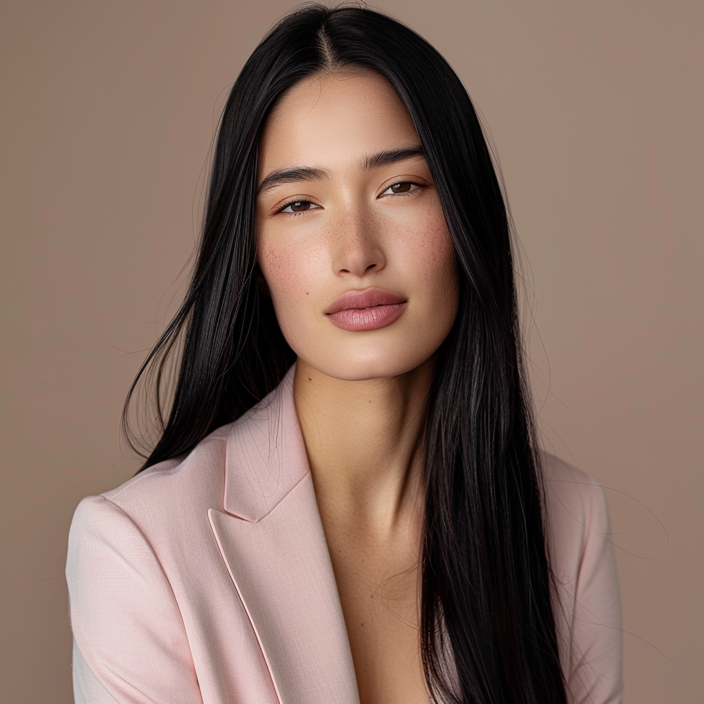 Smiling white model in pink blazer