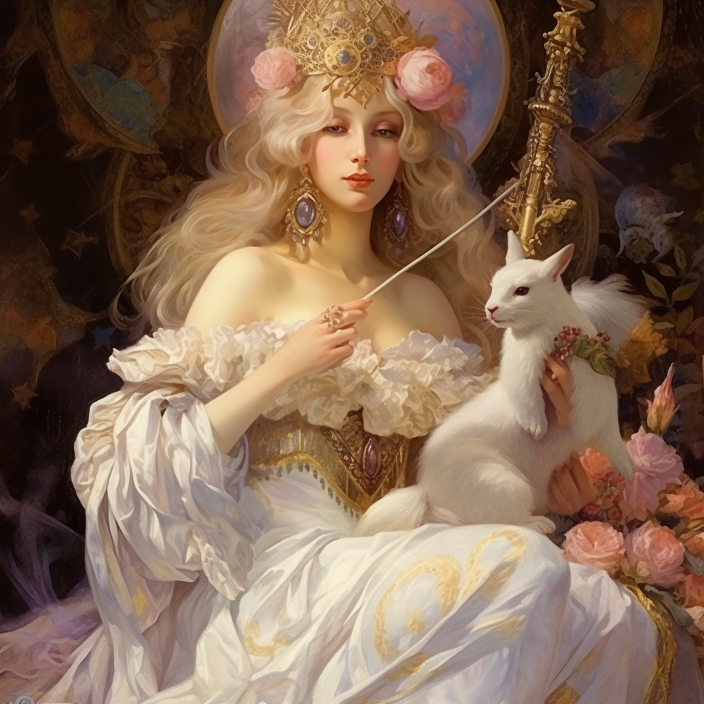 Beautiful queen holding a white rabbit