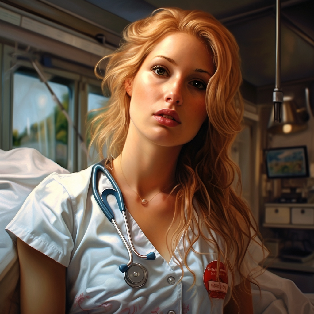 Beautiful nurse in photorealistic summer setting