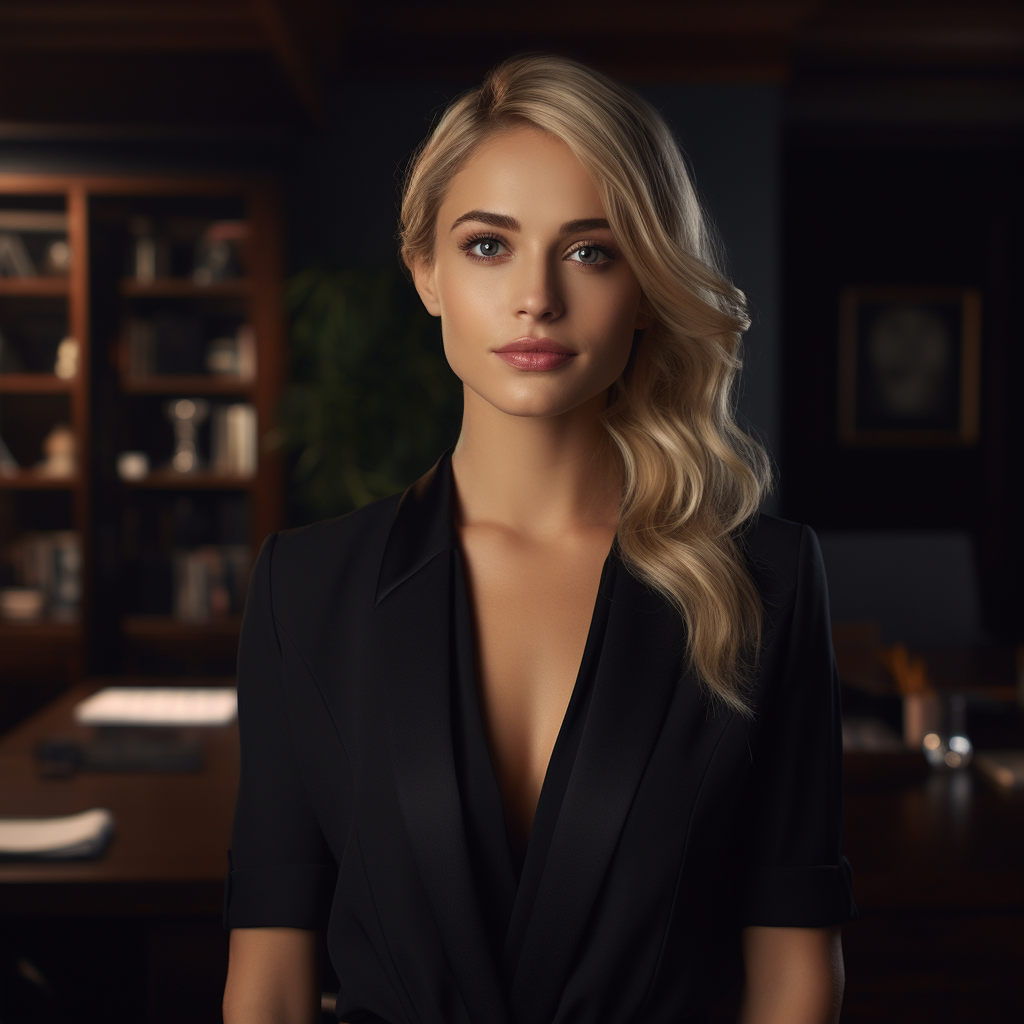 Apologetic blonde businesswoman in modern office