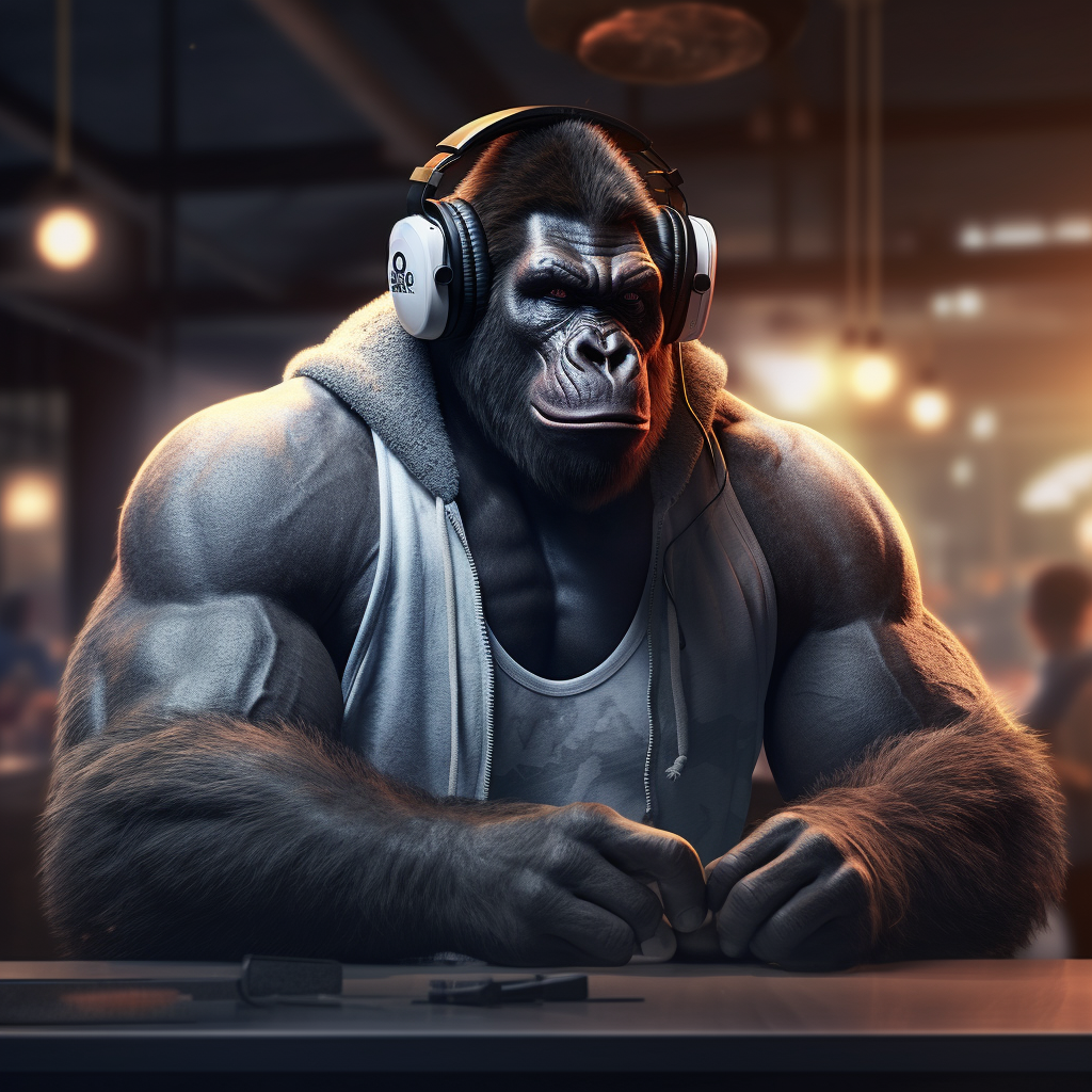 Gorilla wearing headphones in gym