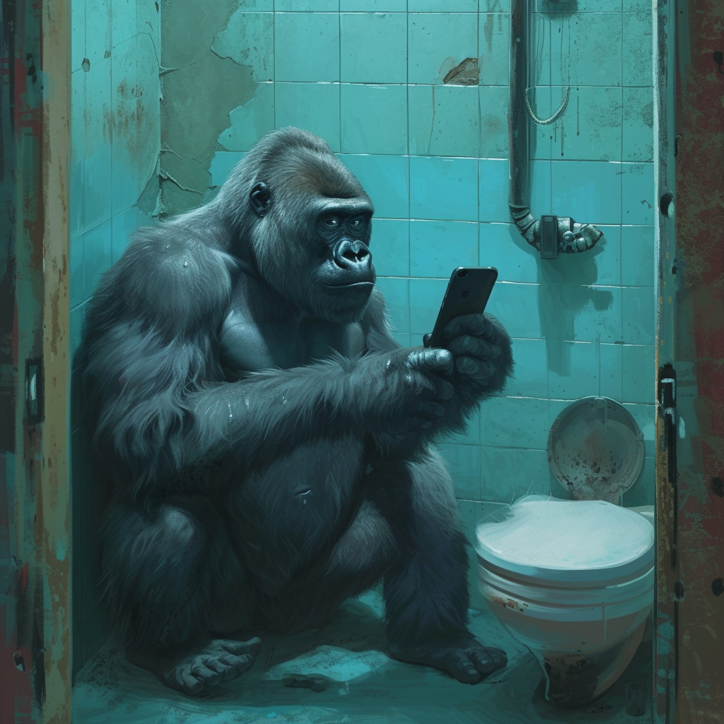 Gorilla using smartphone in restroom